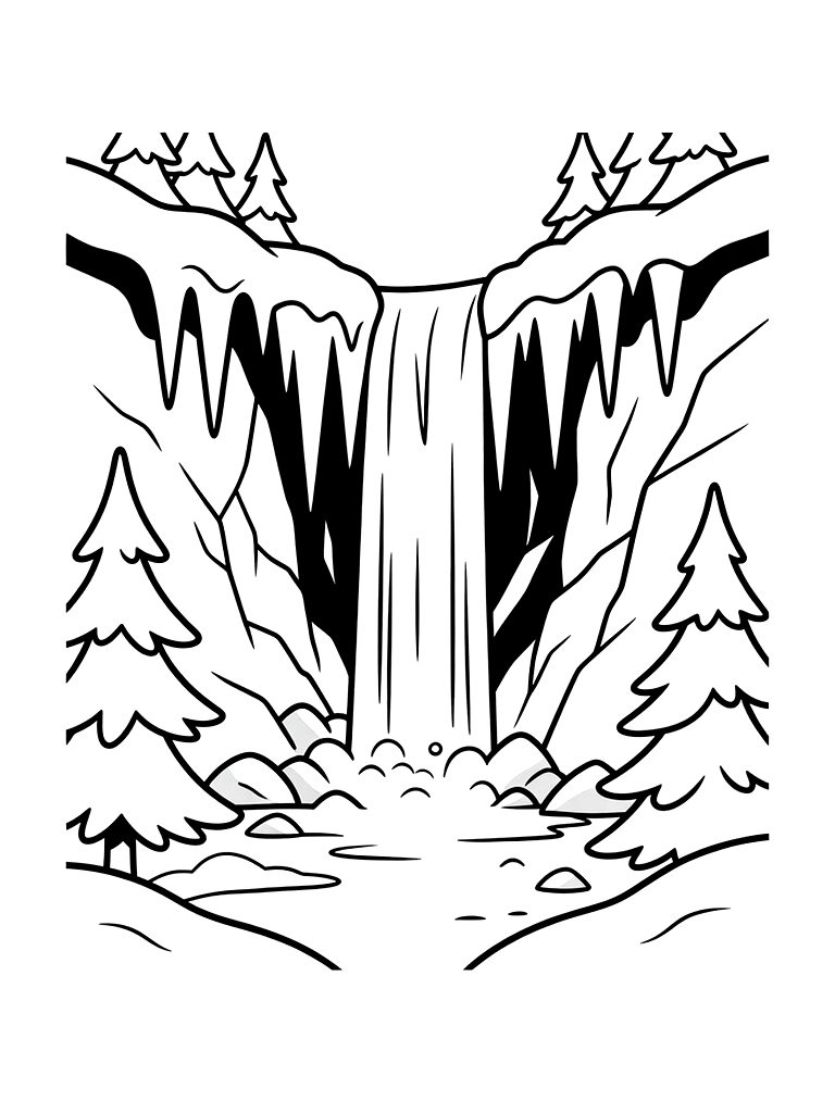 Dramatic Frozen Waterfall With Long Icy Icicles Hanging Over A Dark Rock Face In A Snowy Forest Coloring Page
