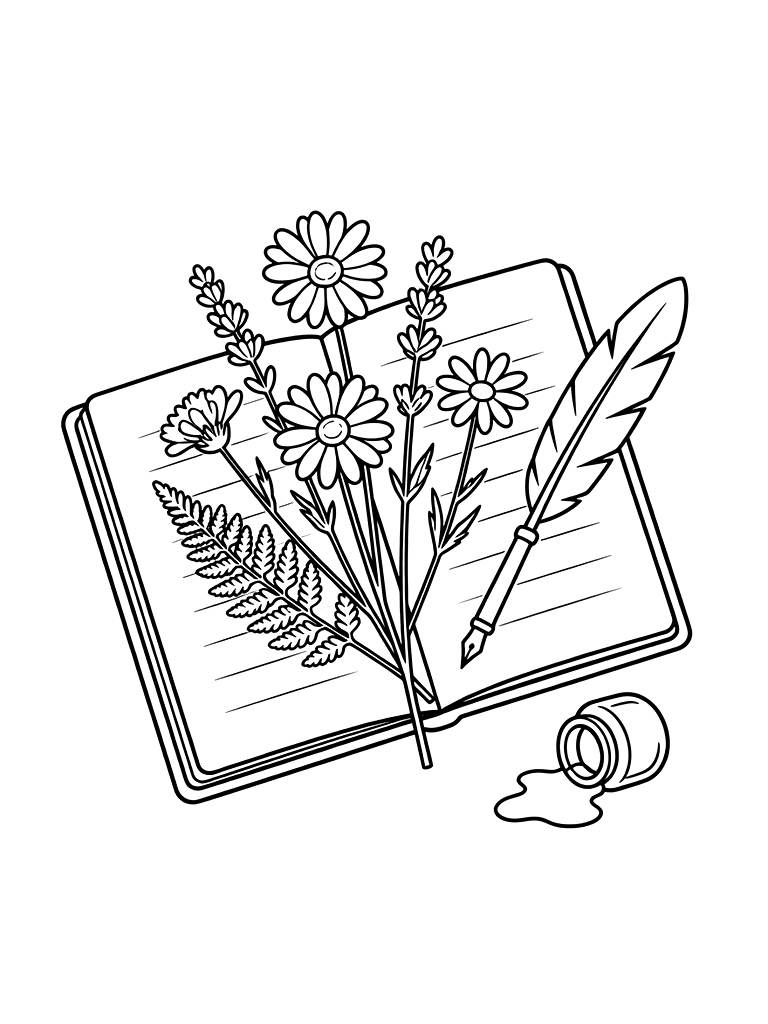 Dried Wildflower Bouquet Pressed Into An Open Journal With An Antique Quill And A Spilled Ink Pot Coloring Page — free printable for kids and adults