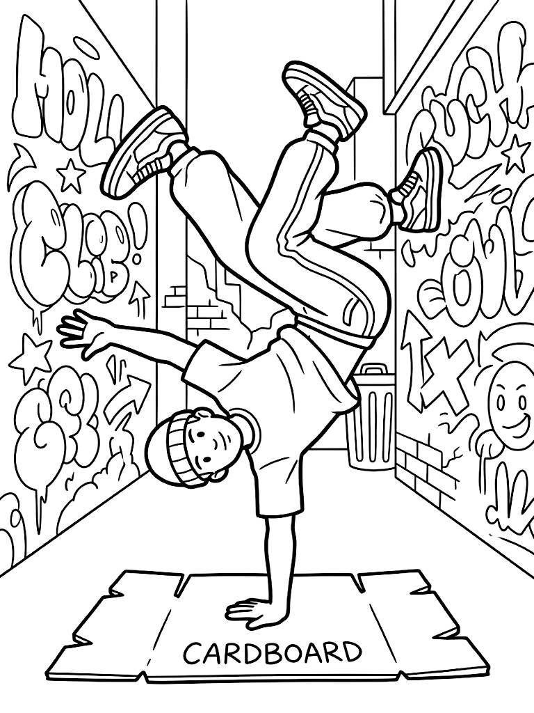 Dynamic Breakdancer Performing A One-Handed Freeze Pose On A Cardboard Mat In A Graffiti-Covered Urban Alleyway coloring page — free printable for kids and adults