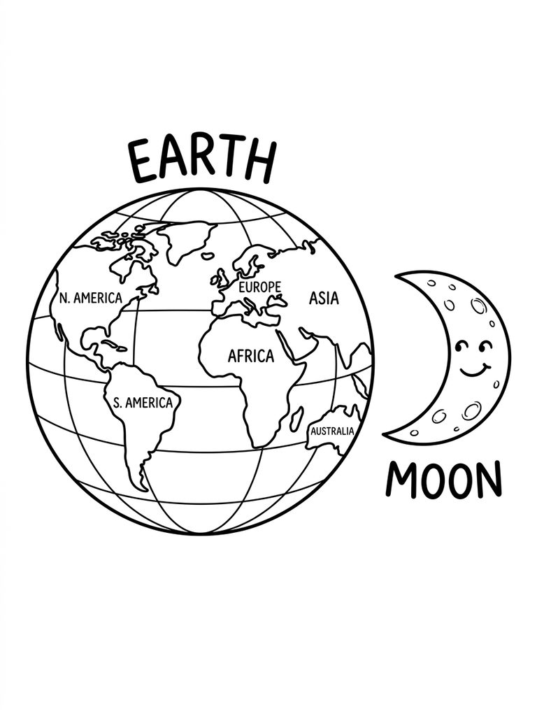 Earth And Moon With Names And Continents Outline Coloring Page
