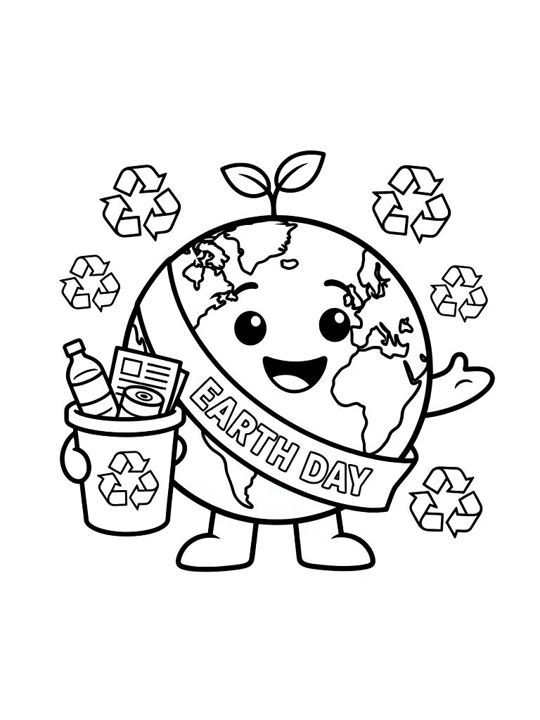 Earth Day Illustration With Recycling Symbols And A Happy Green Earth Coloring Page