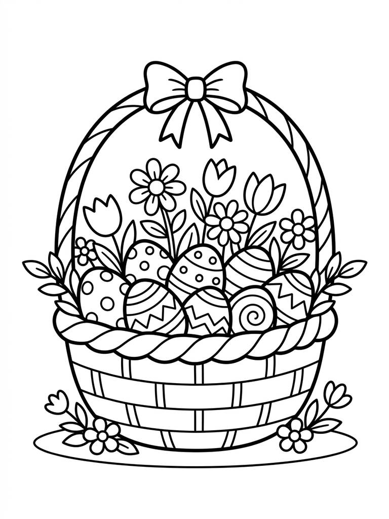Easter Basket Full Of Eggs & Flowers Coloring Page