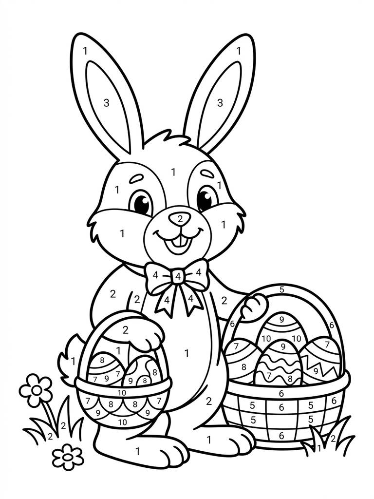 Easter Bunny With Colored Eggs By Number Coloring Page