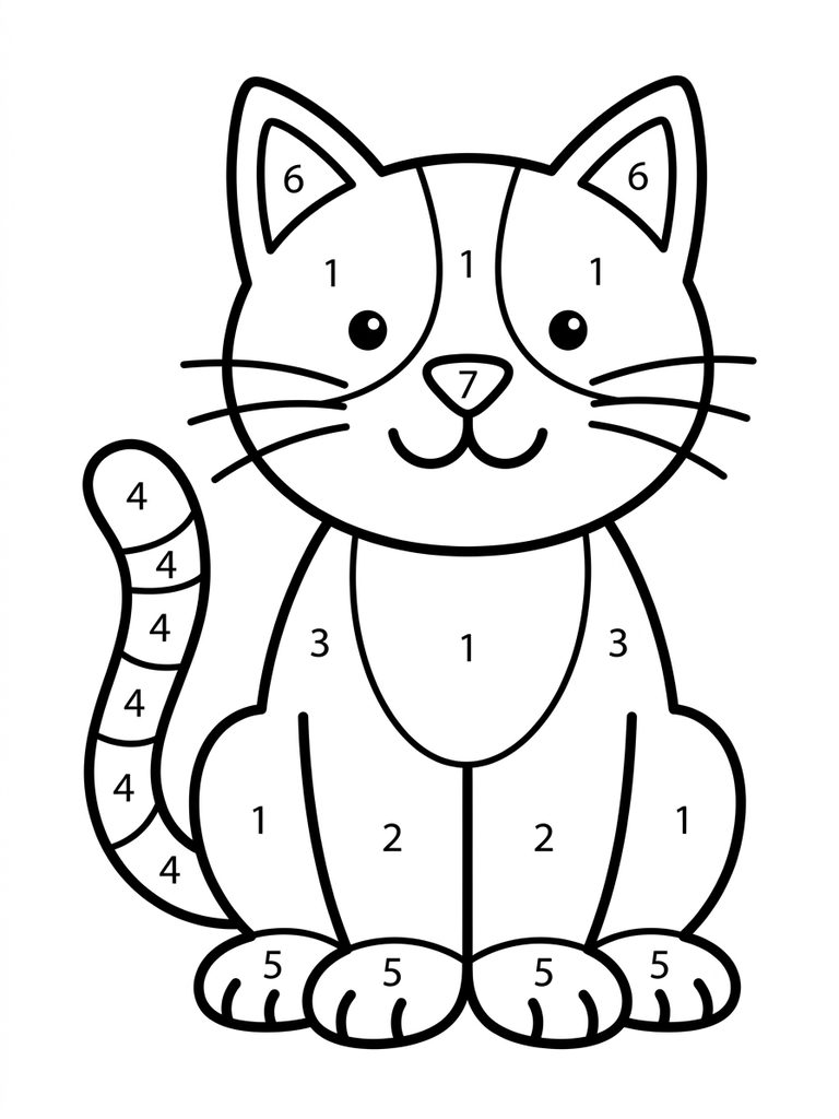 Easy Color By Number Cat For Kids Coloring Page