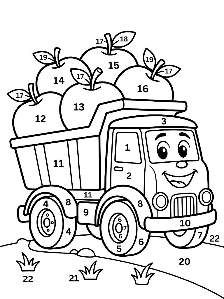 Easy Color By Number Cute Smiling Dump Truck Carrying A Load Of Giant Round Apples With Large Bold Segments For Toddlers coloring page — free printable for kids and adults