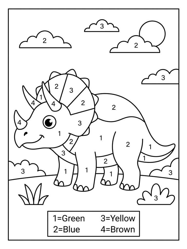 Easy Color By Number Dinosaur For Kids Coloring Page