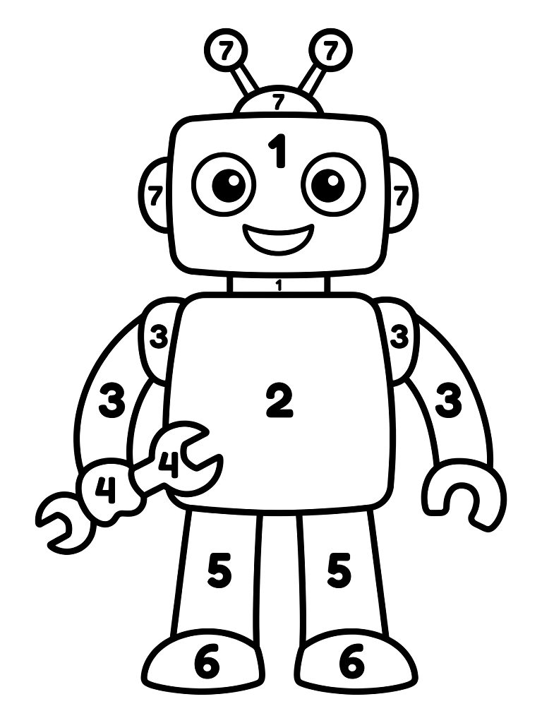 Easy Color By Number Of A Friendly Smiling Robot Holding A Wrench With Large Bold Numbered Segments For Toddlers coloring page — free printable for kids and adults