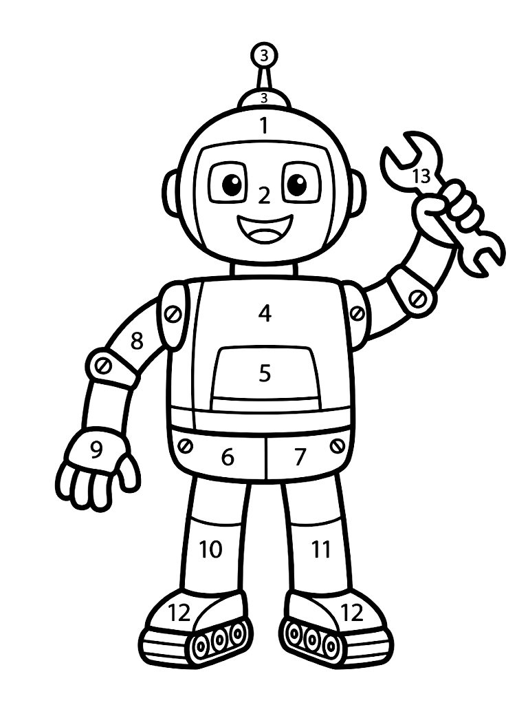 Easy Color By Number Of A Friendly Smiling Robot Holding A Wrench With Large Bold Numbered Segments For Toddlers coloring page — free printable for kids and adults