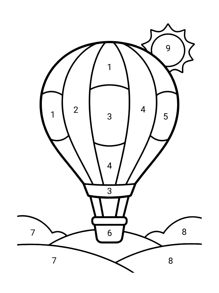 Easy Color By Number Of A Large Striped Hot Air Balloon Floating Over Simple Green Hills And A Sun Coloring Page