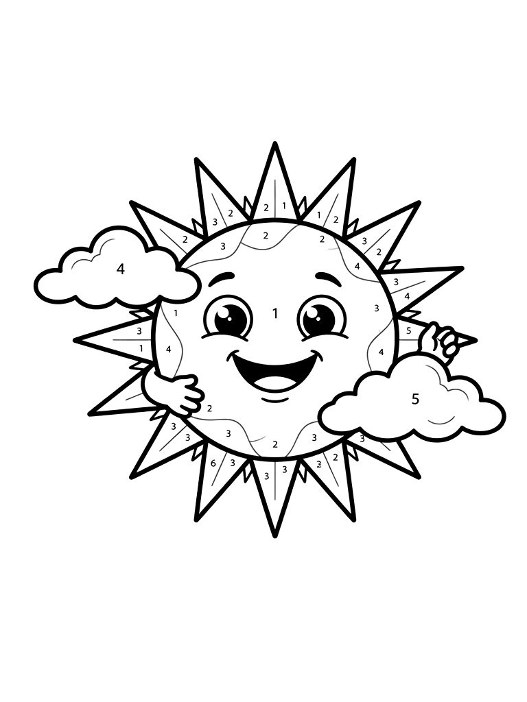 Easy Color By Number Smiling Sun And Clouds For Kids Coloring Page — free printable for kids and adults