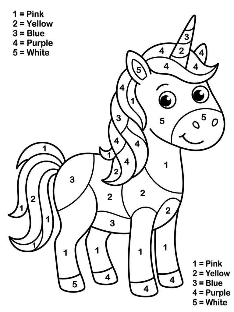Easy Color By Number Unicorn For Kids Coloring Page