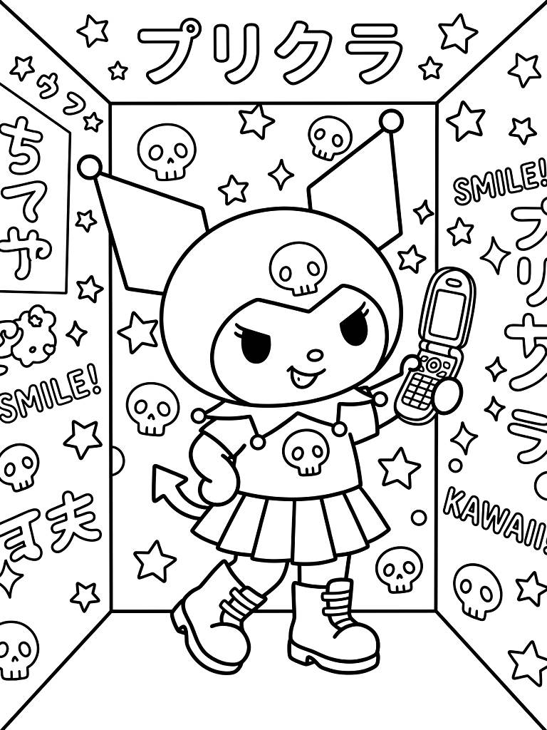Edgy Kuromi Character Taking A Selfie With A Y2K Era Flip Phone Inside A Purikura Photo Booth Decorated With Stars And Skulls coloring page — free printable for kids and adults