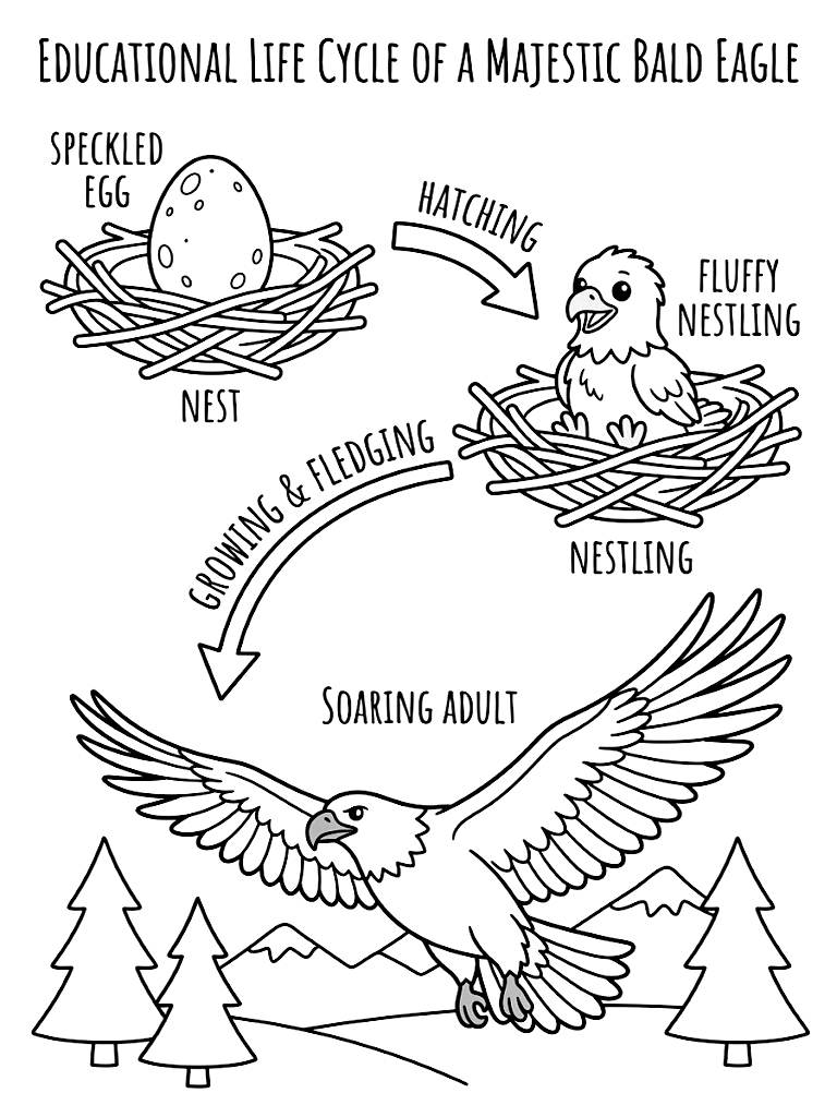 Educational Life Cycle Of A Majestic Bald Eagle Showcasing A Speckled Egg A Fluffy Nestling And A Fully Grown Soaring Adult Coloring Page