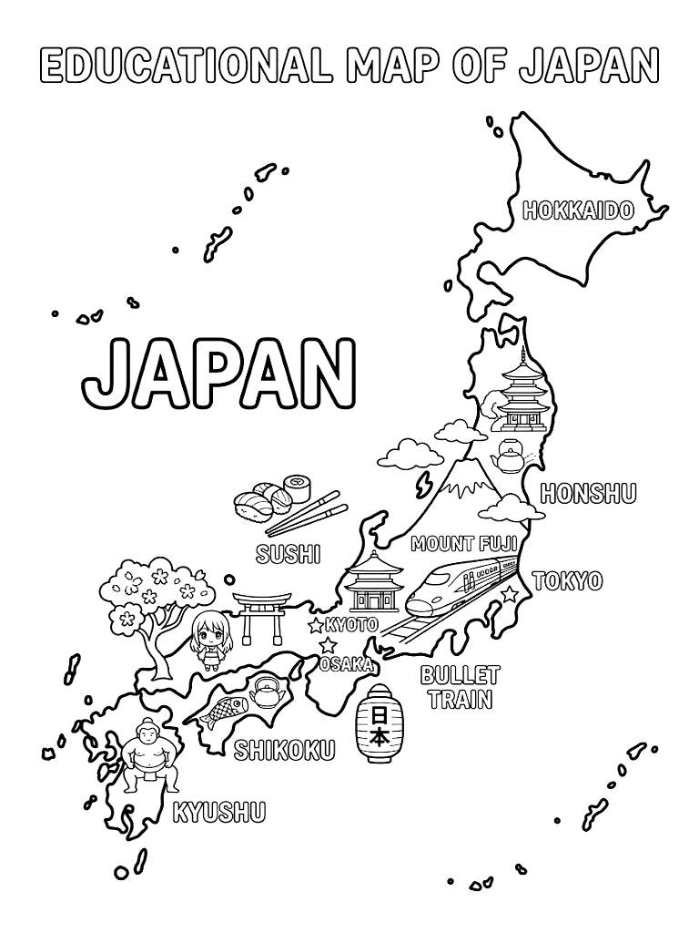 Educational Outline Map Of Japan Filled With Detailed Cultural Icons Including Mount Fuji Sushi And High-Speed Bullet Trains coloring page — free printable for kids and adults