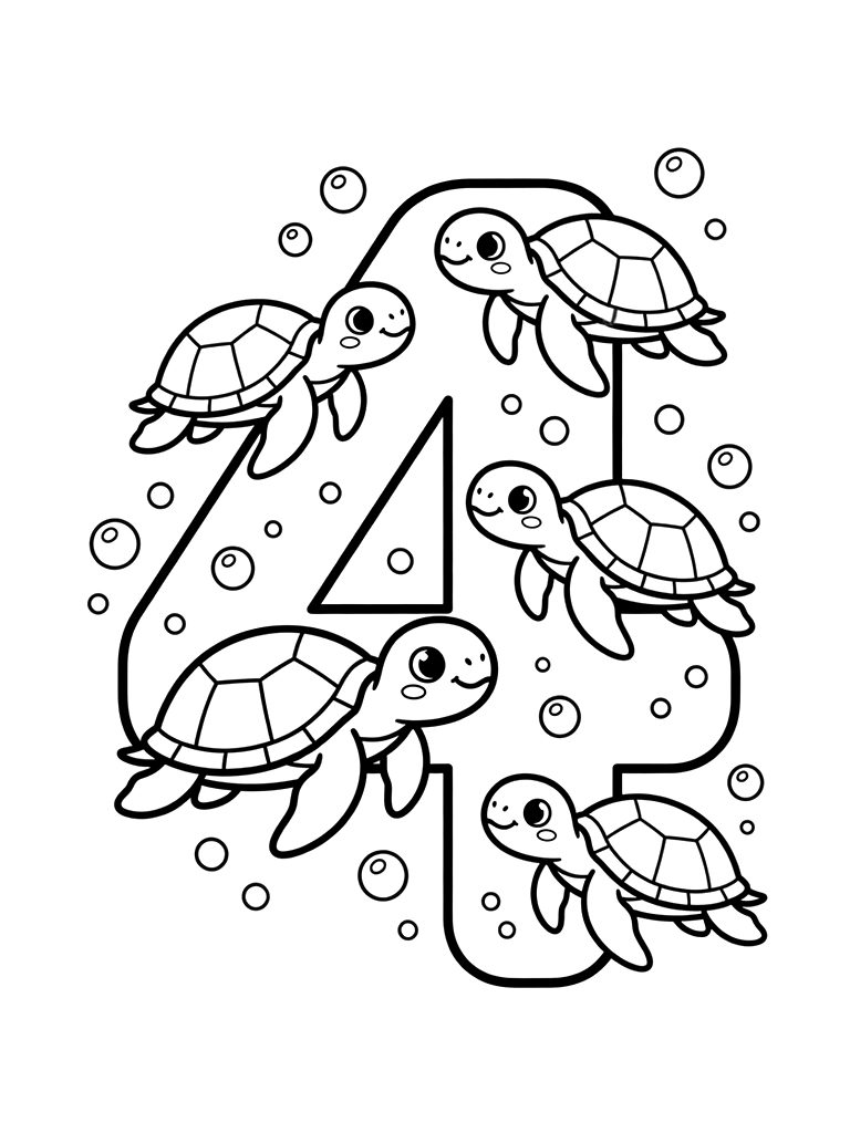 Educational Page Showing The Number 4 Designed With Four Cute Smiling Sea Turtles Swimming Through Bubbles coloring page — free printable for kids and adults