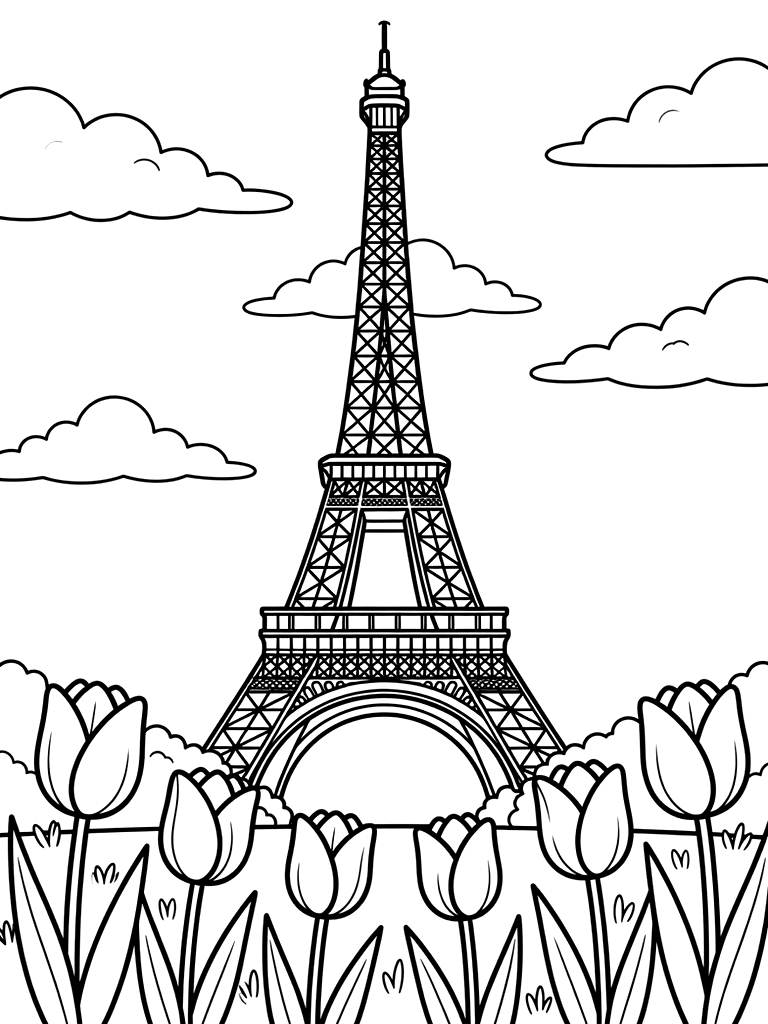 Eiffel Tower With Spring Tulips In The Forefront And A Clear Sky Coloring Page
