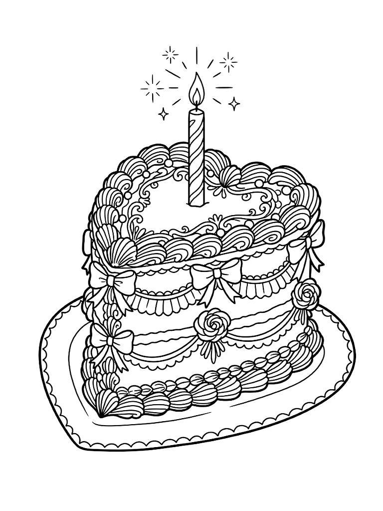Elaborate Slice Of A Vintage Heart-Shaped Lambeth Cake With Intricate Piped Frosting Bows And A Sparkling Celebration Candle coloring page — free printable for kids and adults