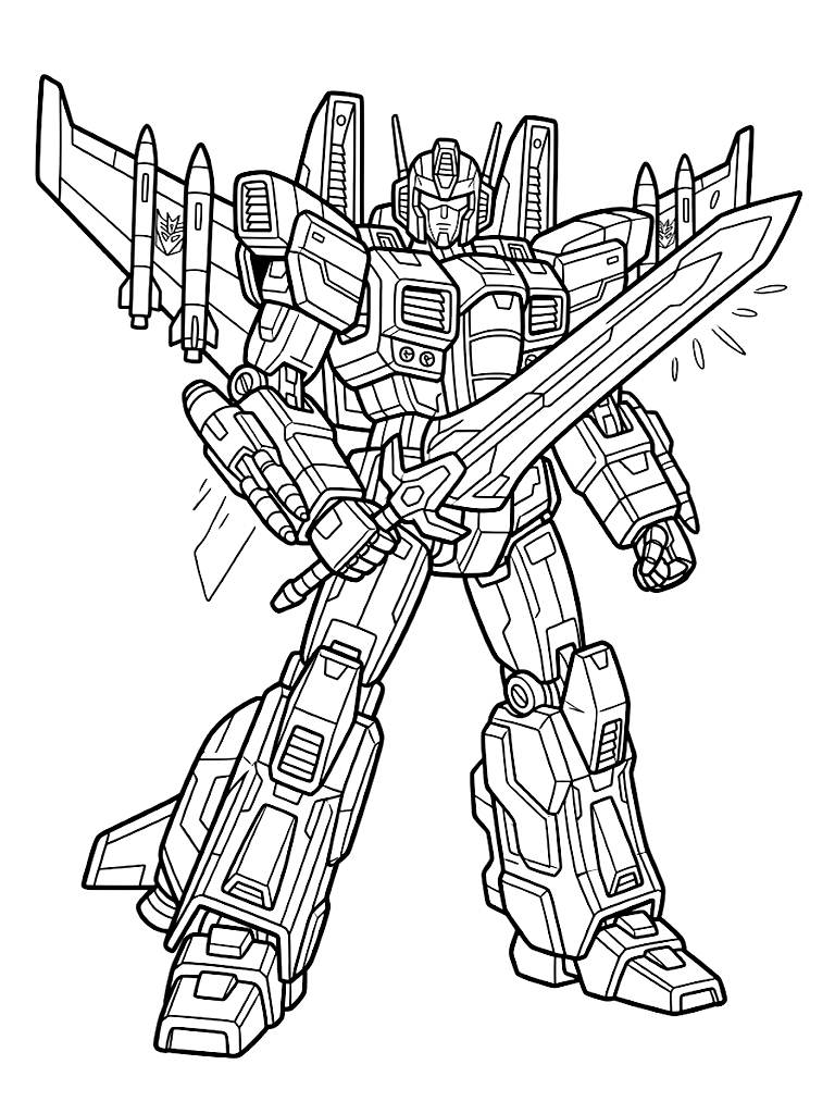 Elaborate Transforming Mecha Robot Action Figure With Intricate Mechanical Panel Lines Jetpack Wings And A Glowing Energy Sword coloring page — free printable for kids and adults