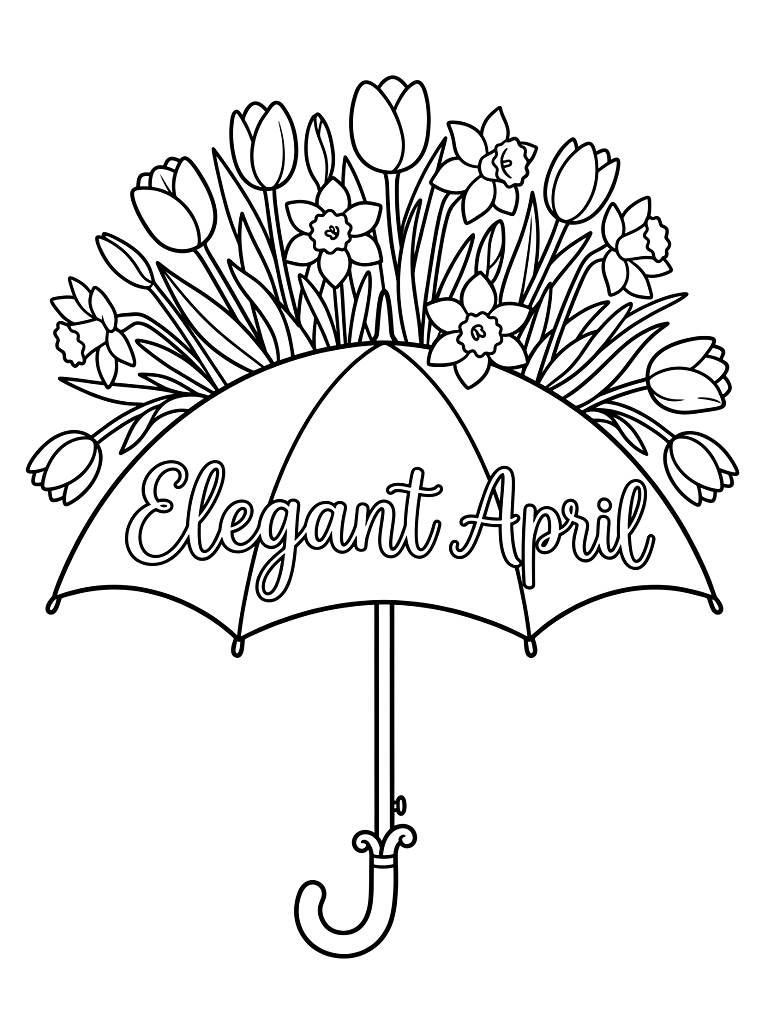 Elegant April Typography Written Across An Open Vintage Umbrella Overflowing With A Fresh Bouquet Of Blooming Tulips And Daffodils Coloring Page