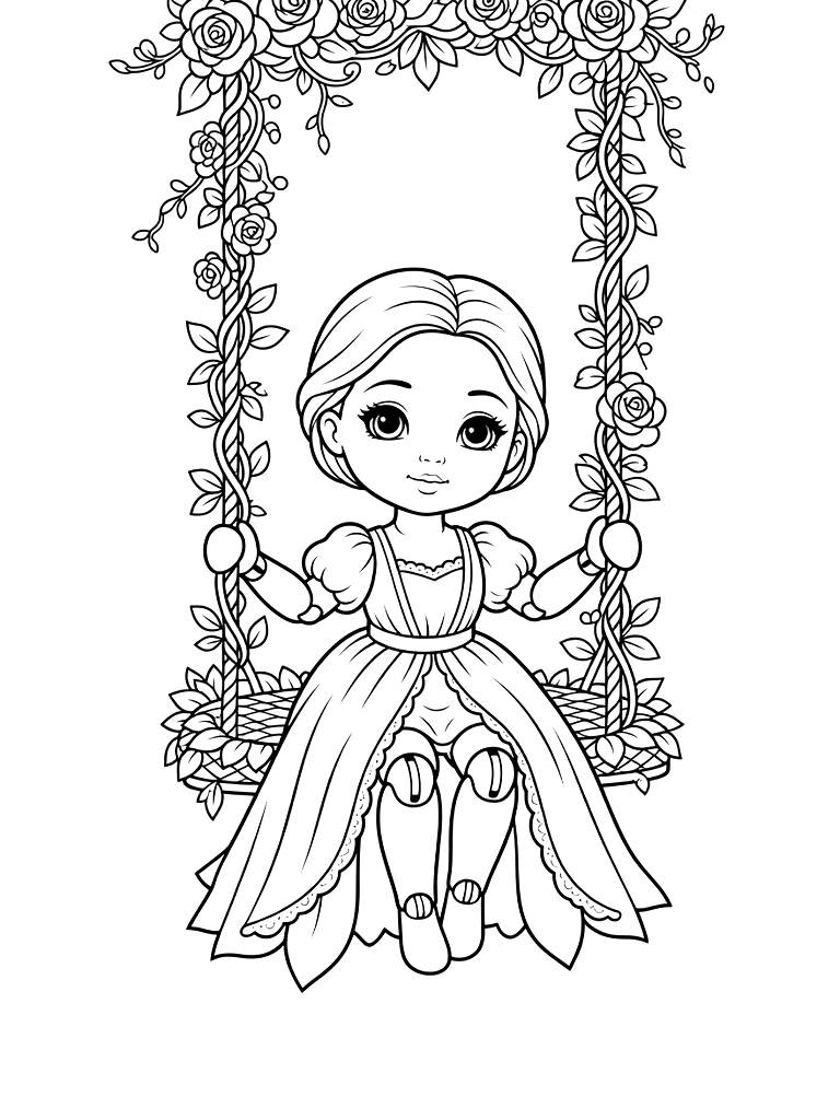 Elegant Ball-jointed Doll (BJD) In An Ethereal Gown Sitting On A Swing Made Of Flowers And Vines Coloring Page
