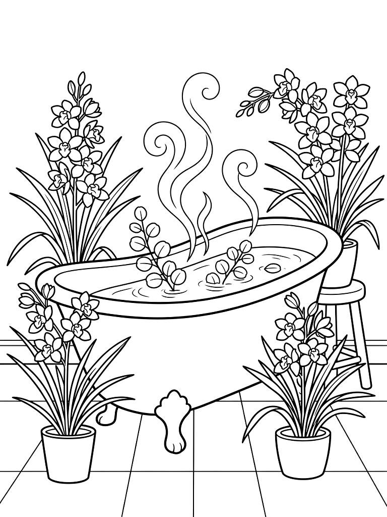 Elegant Cymbidium Orchids Blooming Around A Luxurious Freestanding Clawfoot Bathtub Filled With Eucalyptus Steam coloring page — free printable for kids and adults