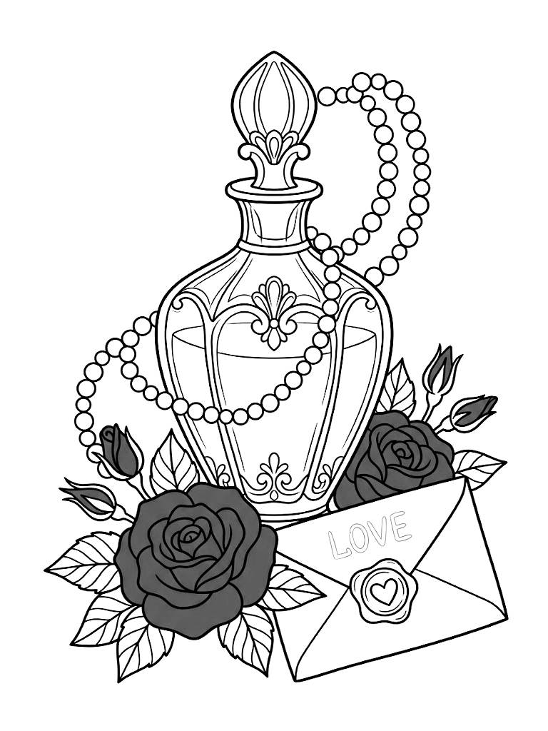 Elegant Vintage Glass Perfume Bottle Surrounded By Cascading Pearls Blooming Red Roses And A Wax-Sealed Love Letter coloring page — free printable for kids and adults