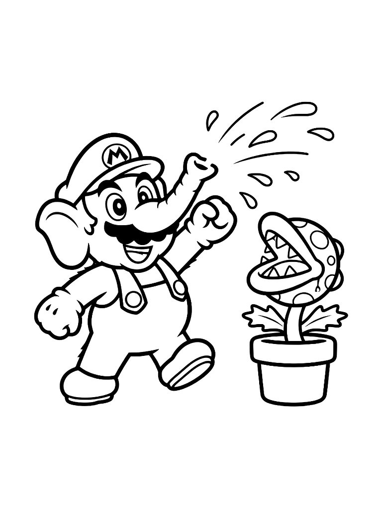 Elephant Mario From Super Mario Bros. Wonder Spraying Water From His Trunk At A Piranha Plant Coloring Page — free printable for kids and adults