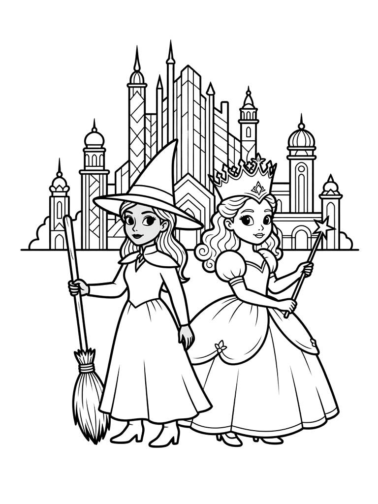 Elphaba And Glinda Back To Back Emerald City Coloring Page