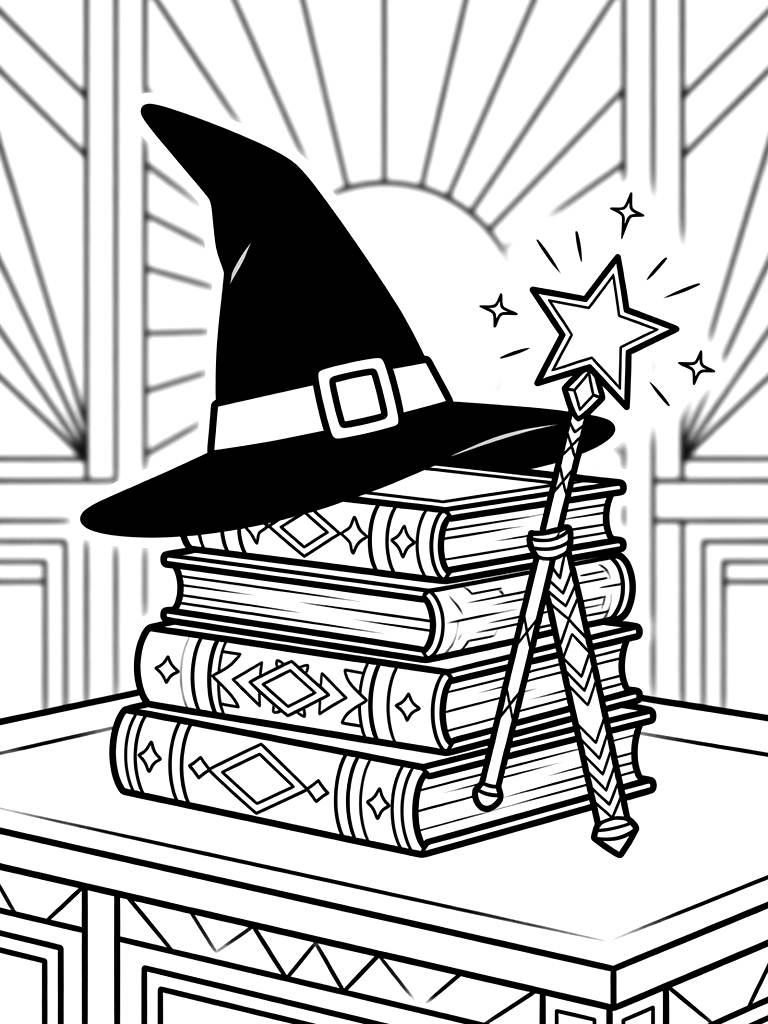 Elphaba's Iconic Black Witch Hat Resting On A Pile Of Spell Books Next To Glinda's Sparkling Star Wand In An Art Deco Study coloring page — free printable for kids and adults