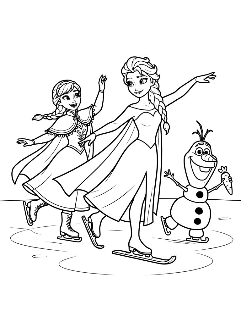 Elsa And Anna Ice Skating On A Frozen Lake With Olaf Coloring Page