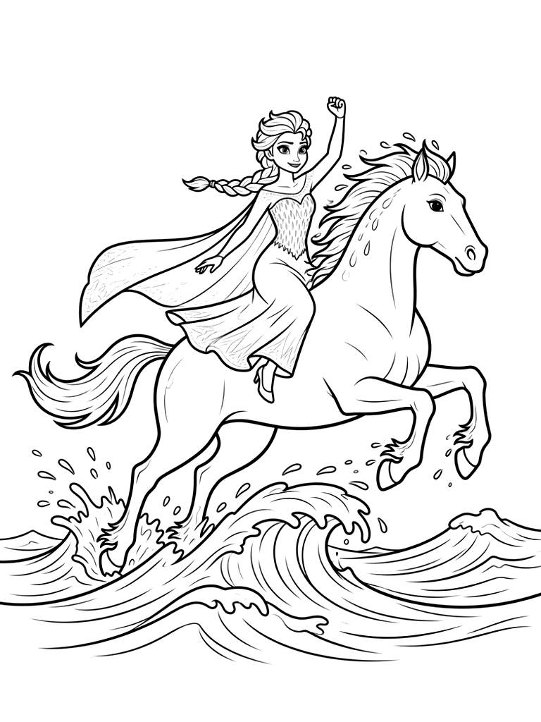 Elsa Riding The Magical Nokk Water Horse Galloping Across The Crashing Waves Of The Dark Sea coloring page — free printable for kids and adults
