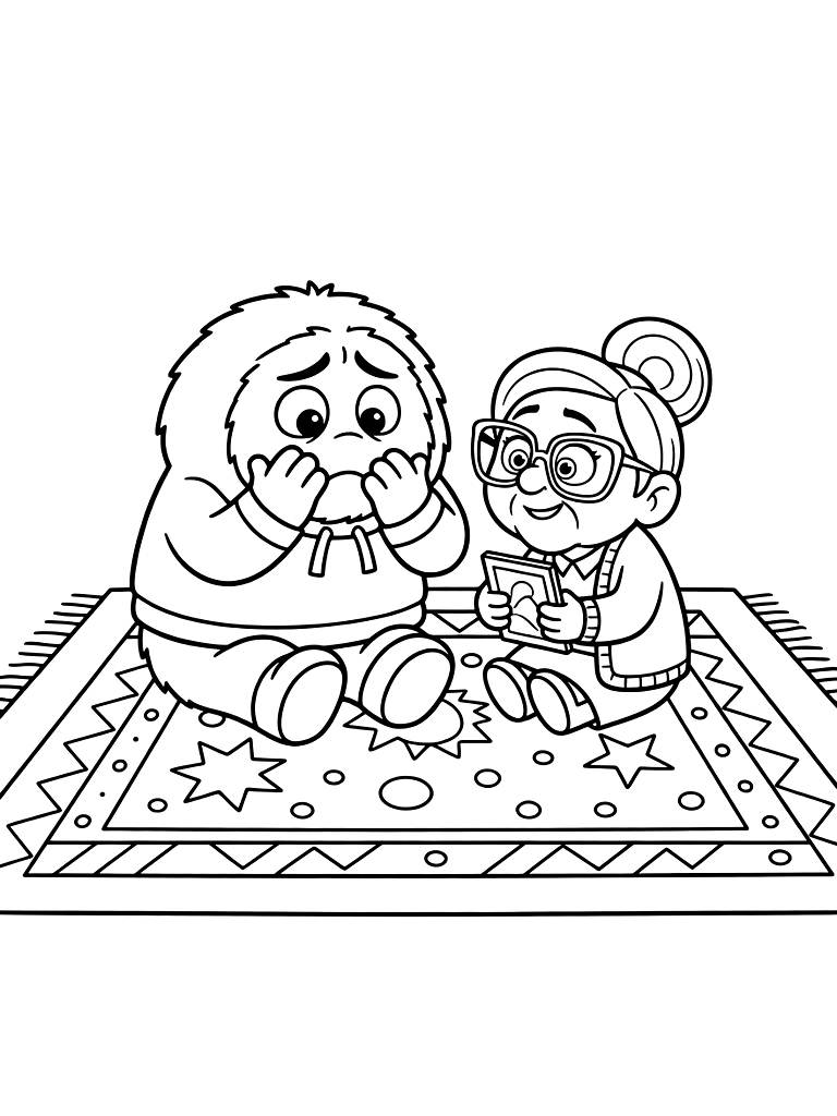 Embarrassment And Nostalgia Emotions From Inside Out 2 Sitting On A Colorful Rug Together Coloring Page