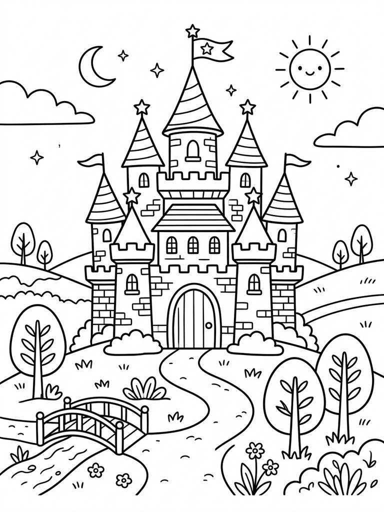 Enchanted Castle In Magical Landscape Coloring Page