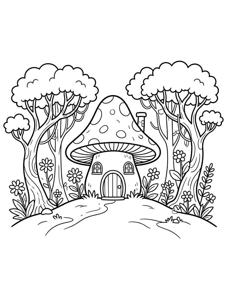 Enchanted Forest & Mushroom House coloring page — free printable for kids and adults