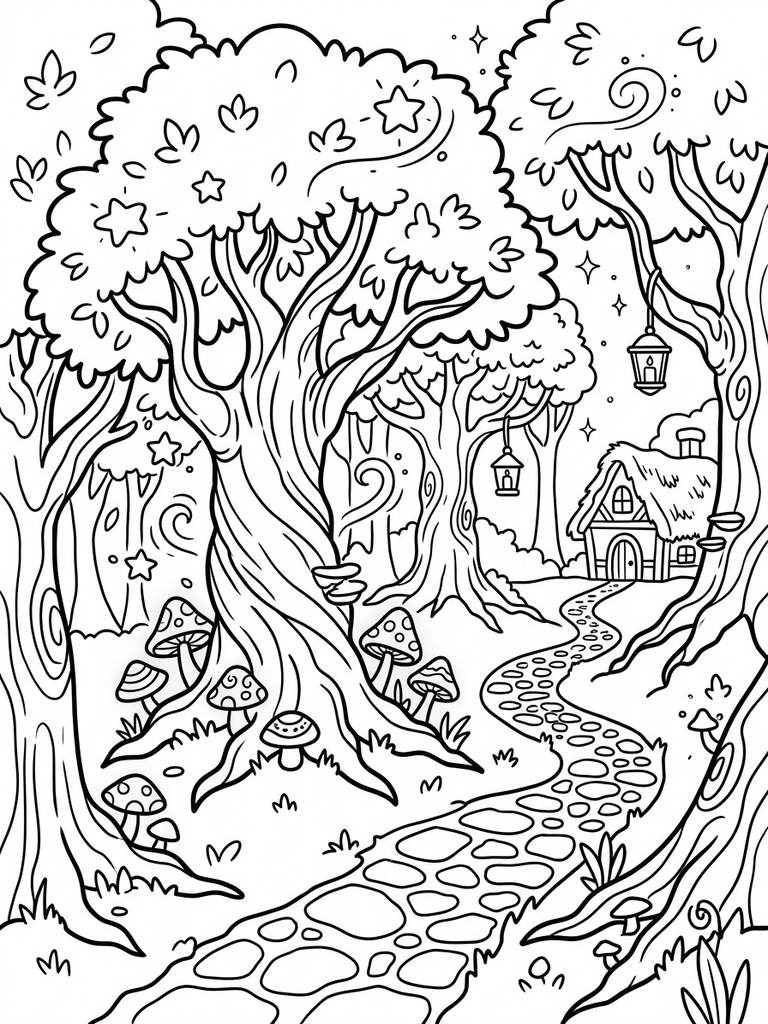 Enchanted Magical Forest / Ancient Glowing Woodland Coloring Page