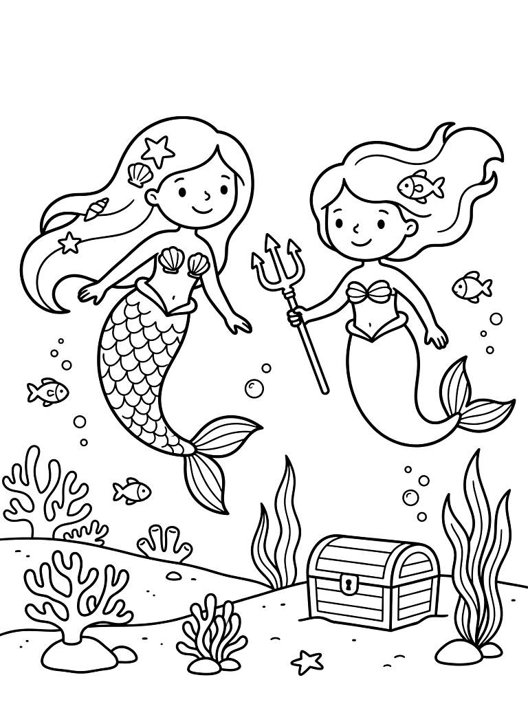 Enchanted Mermaids Exploring Ocean Floor Coloring Page