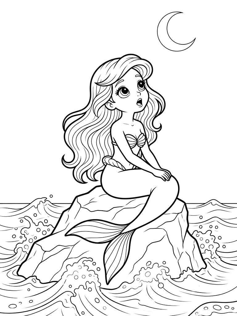 Ethereal Mermaid Sitting On A Coastal Rock At Twilight Singing To The Ocean Waves Under A Crescent Moon With Glowing Sea Foam coloring page — free printable for kids and adults