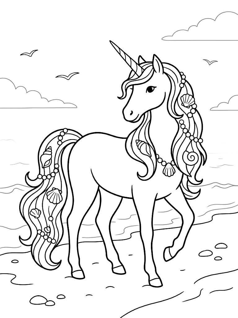 Ethereal Unicorn With A Flowing Mane Intricately Woven With Pearls And Seashells Standing Gracefully On A Misty Ocean Shoreline coloring page — free printable for kids and adults