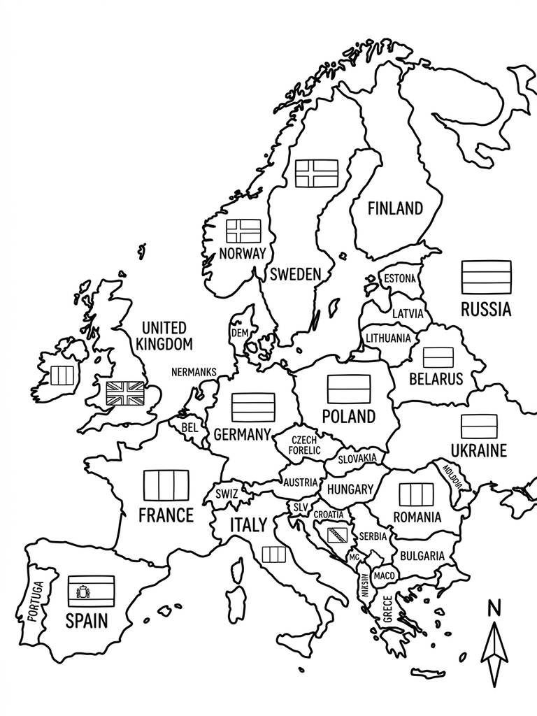 Europe Continent Map With Countries And Flags Coloring Page