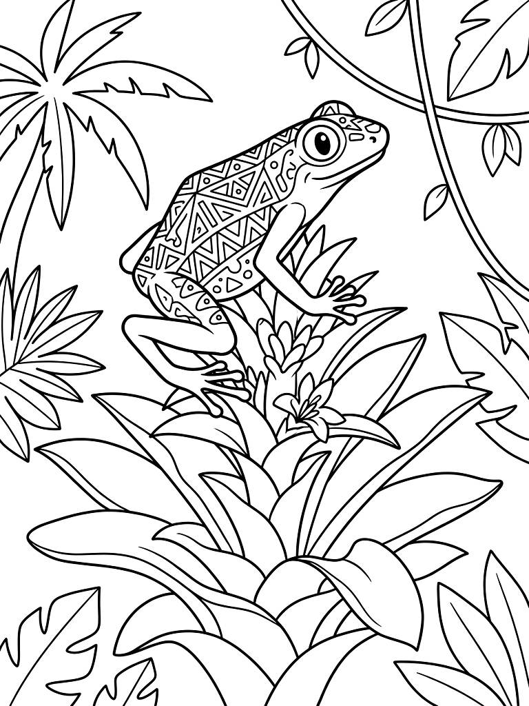 Exotic Poison Dart Frog With Intricate Geometric Back Patterns Perched Delicately On A Blooming Red Bromeliad Flower In The Rainforest coloring page — free printable for kids and adults