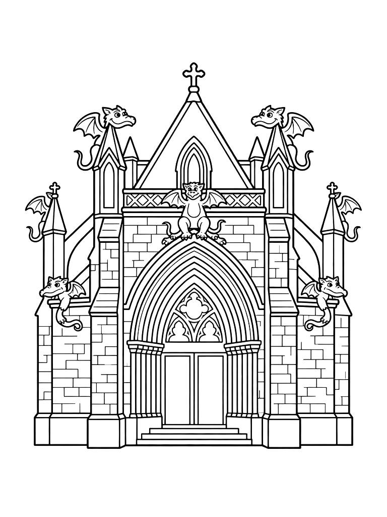 Exterior Of A Gothic Cathedral With Intricate Gargoyles And A Large Stone Archway Coloring Page