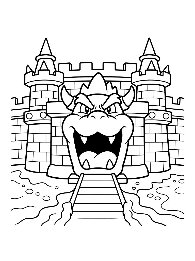 Exterior Of Bowser's Dark Stone Castle With Lava Moats Coloring Page