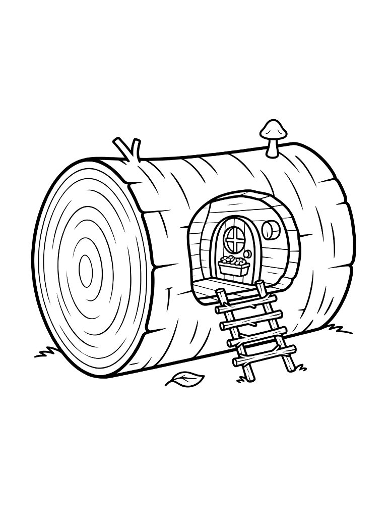 Fairy Cottage Built Inside A Hollowed-out Birch Log With A Ladder Made Of Tiny Twigs Coloring Page — free printable for kids and adults