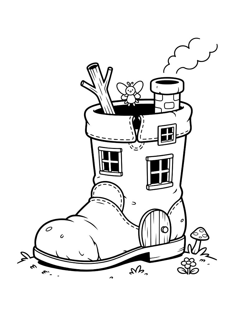 Fairy Cottage Built Into An Old Leather Boot With Windows Cut Out And A Chimney Made Of A Hollow Twig Coloring Page