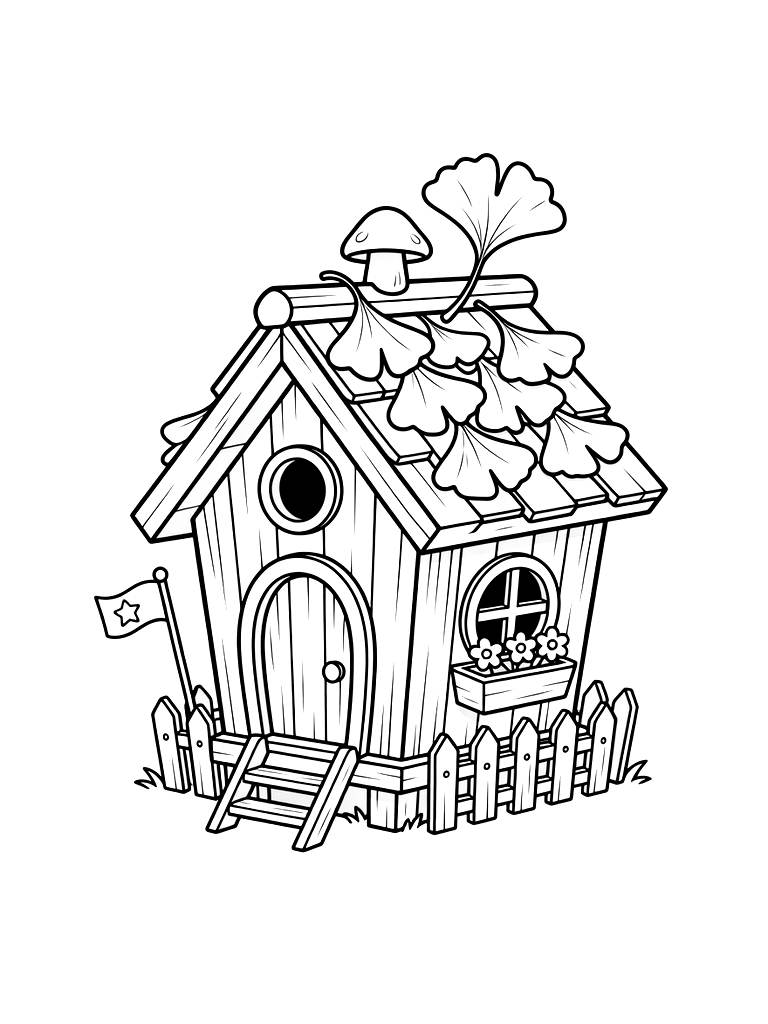 Fairy Cottage Made From A Vintage Wooden Birdhouse With A Roof Of Overlapping Ginkgo Leaves Coloring Page