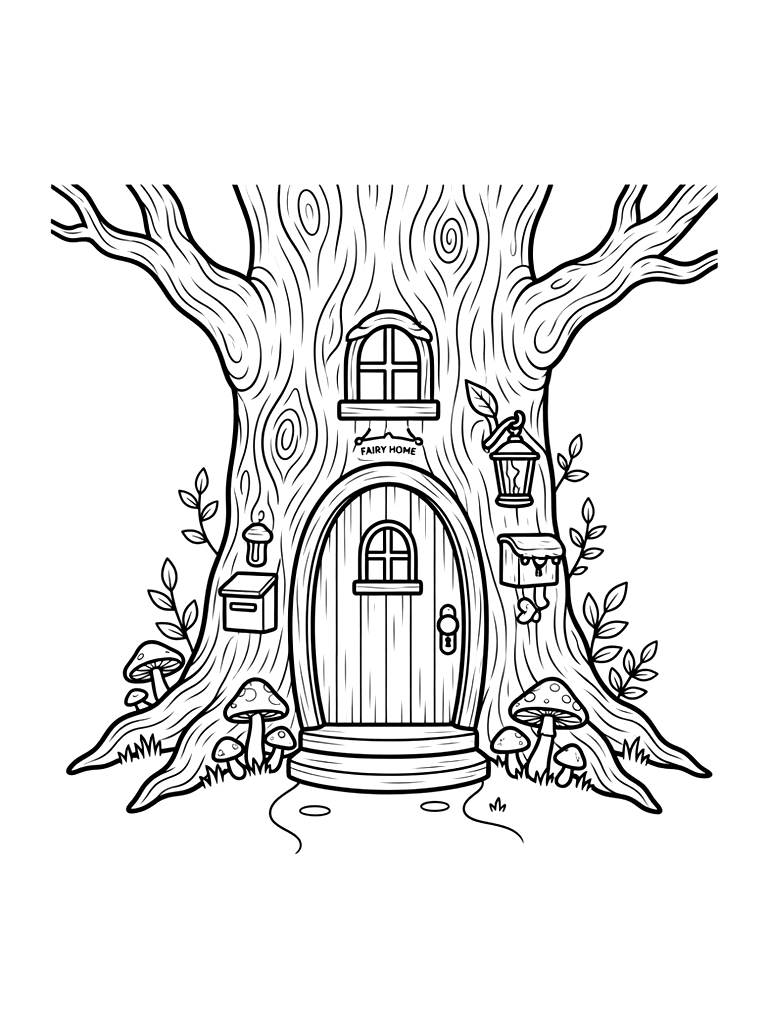 Fairy Door In Tree Trunk Coloring Page