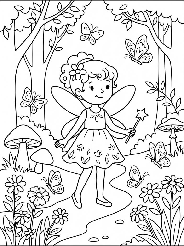 Fairy In Enchanted Forest / Forest Fairy With Flowers And Butterflies Coloring Page