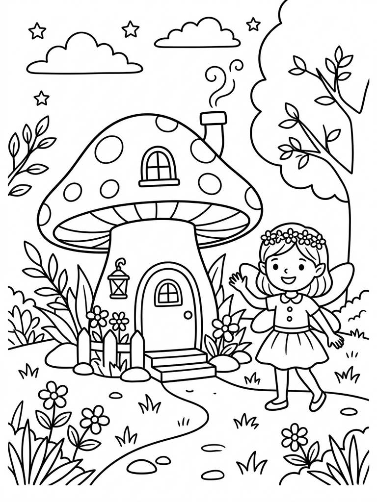 Fairy On Mushroom / Mushroom House Or Fairy House Scene Coloring Page