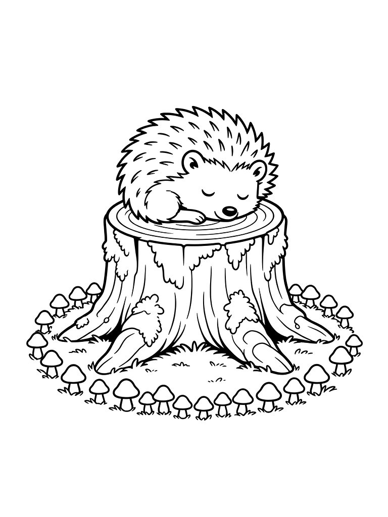 Fairy Ring Of Tiny Mushrooms Around A Mossy Tree Stump With A Sleeping Hedgehog Coloring Page