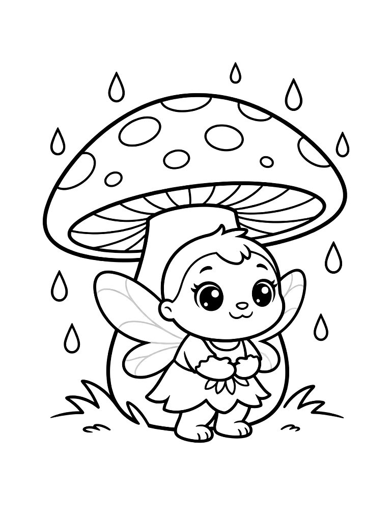Fairy Sheltering Under A Toadstool During A Spring Shower Coloring Page